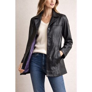 Adler Collection Genuine Leather Jacket Womens L Black Button Front Mid Length